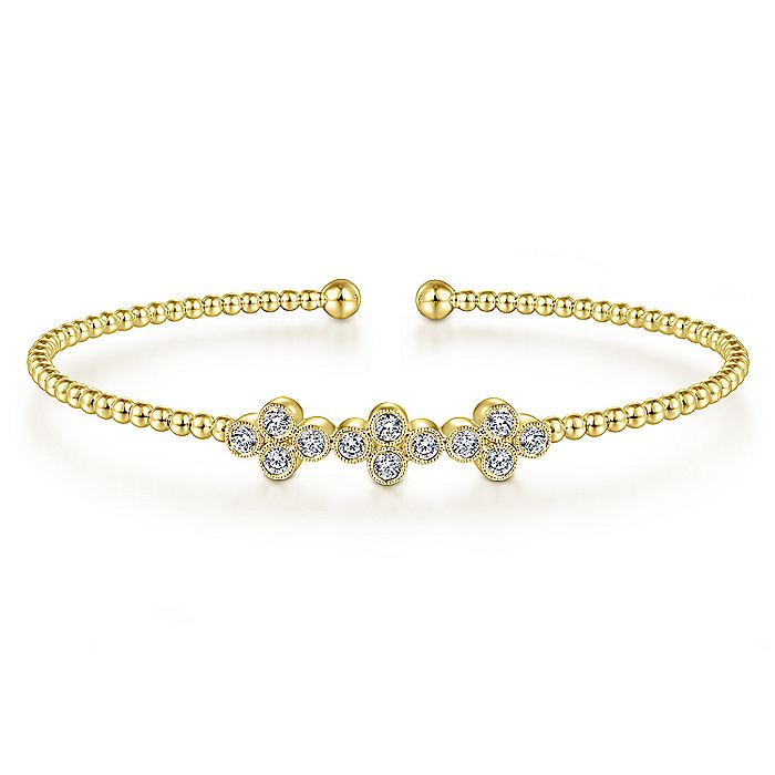 Gabriel & Co. BG4115-62Y45JJ 14K Yellow Gold Bujukan Bead Cuff Bracelet with Three Quatrefoil Diamond Stations