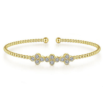 Gabriel & Co. BG4115-62Y45JJ 14K Yellow Gold Bujukan Bead Cuff Bracelet with Three Quatrefoil Diamond Stations