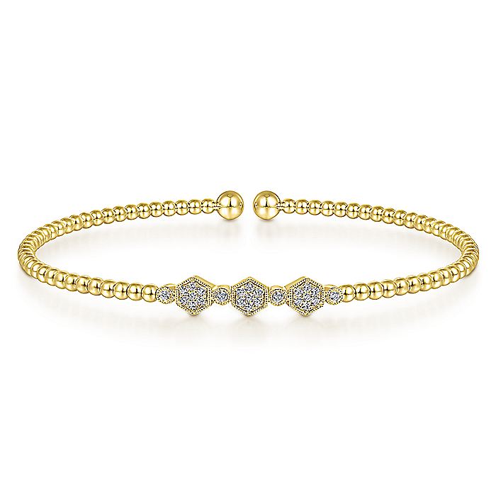 Gabriel & Co. BG4117-62Y45JJ 14K Yellow Gold Bujukan Bead Cuff Bracelet with Cluster Diamond Hexagon Stations