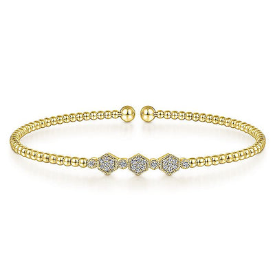 Gabriel & Co. BG4117-62Y45JJ 14K Yellow Gold Bujukan Bead Cuff Bracelet with Cluster Diamond Hexagon Stations