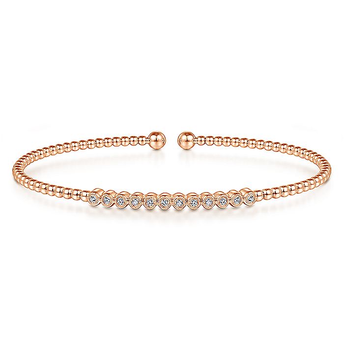 Gabriel & Co. BG4118-62K45JJ 14K Rose Gold Bujukan Bead Cuff Bracelet with Bezel Set Diamond Stations