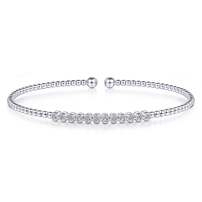 Gabriel & Co. BG4118-62W45JJ 14K White Gold Bujukan Bead Cuff Bracelet with Bezel Set Diamond Stations