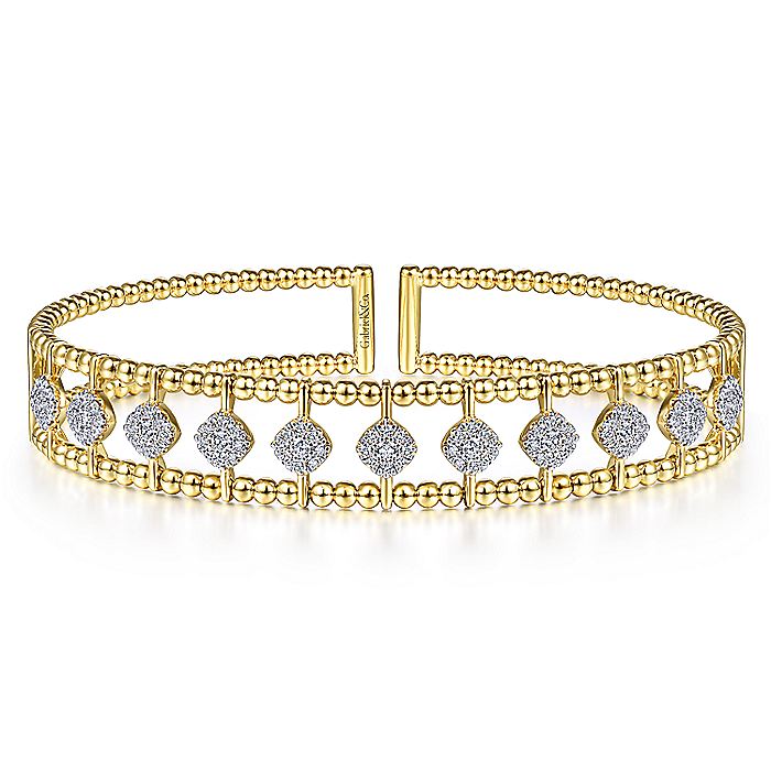 Gabriel & Co. BG4232-62Y45JJ 14K Yellow Gold Bujukan Cuff Bracelet with Pave Diamond Connectors in size 6.25