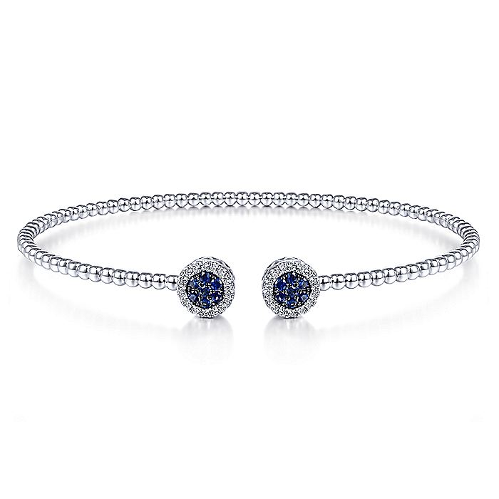 Gabriel & Co. BG4244-62W45SA 14K White Gold Bujukan Bead Cuff Bracelet with Sapphire and Diamond Halo Caps