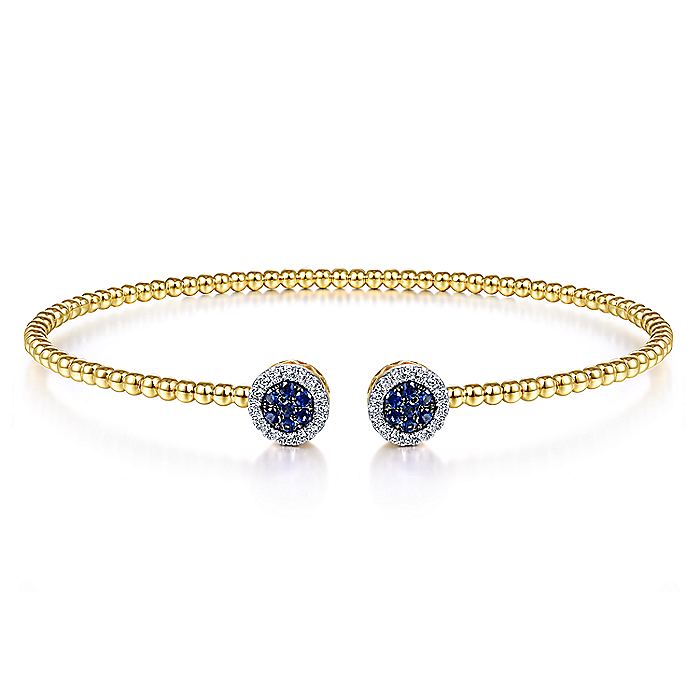 Gabriel & Co. BG4244-62Y45SA 14K Yellow Gold Bujukan Bead Cuff Bracelet with Sapphire and Diamond Halo Caps