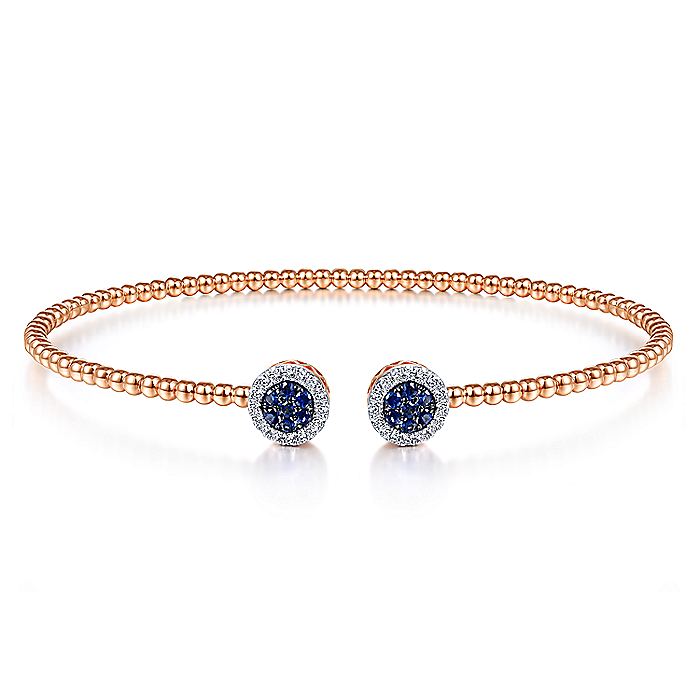 Gabriel & Co. BG4244-65K45SA 14K Rose Gold Bujukan Bead Cuff Bracelet with Sapphire and Diamond Halo Caps