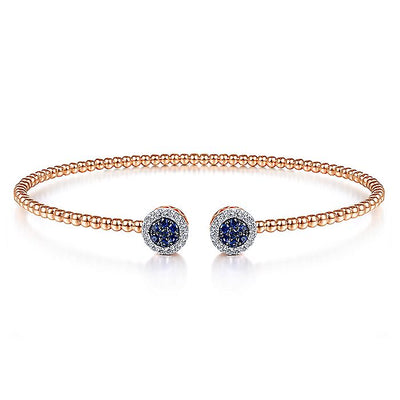 Gabriel & Co. BG4244-65K45SA 14K Rose Gold Bujukan Bead Cuff Bracelet with Sapphire and Diamond Halo Caps