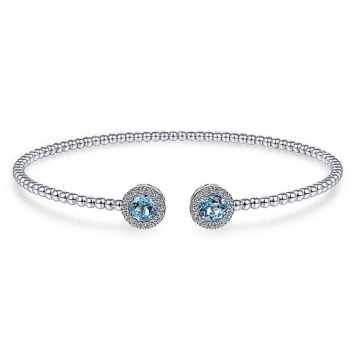 Gabriel & Co. BG4245-62W45BT 14K White Gold Round Blue Topaz and Diamond Halo Bujukan Bangle