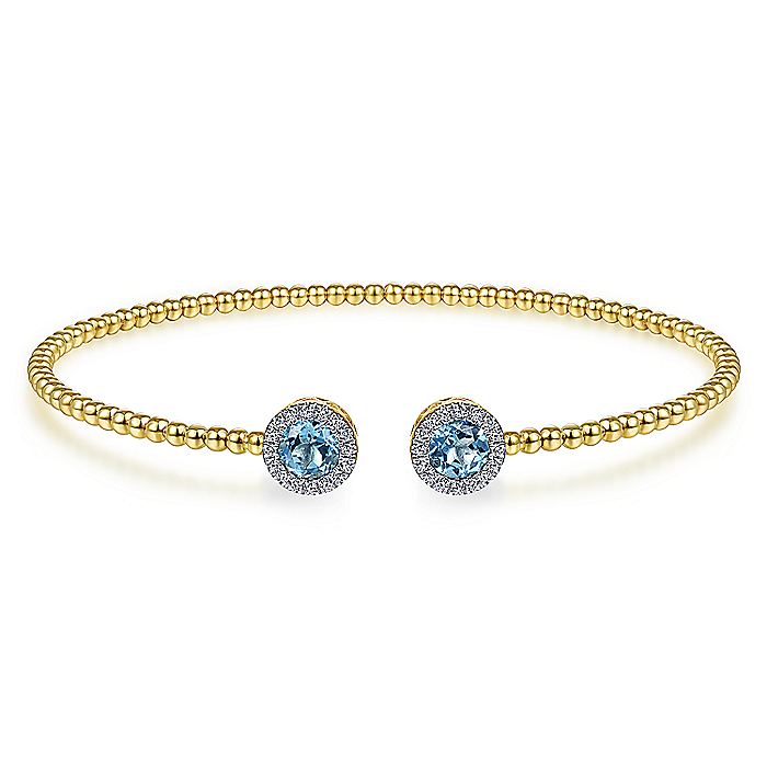 Gabriel & Co. BG4245-62Y45BT 14K Yellow Gold Round Blue Topaz and Diamond Halo Bujukan Bangle