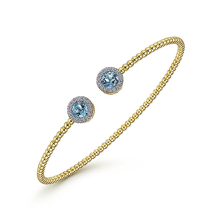 Gabriel & Co. BG4245-62Y45BT 14K Yellow Gold Round Blue Topaz and Diamond Halo Bujukan Bangle