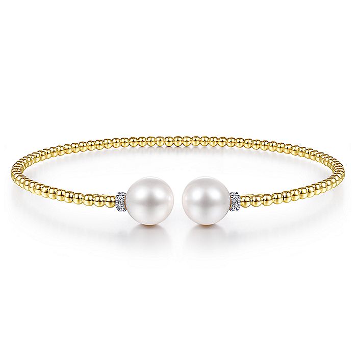 Gabriel & Co. BG4247-62Y45PL 14K Yellow Gold Bujukan Bead Split Bracelet with Pearl and Diamond Caps