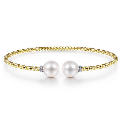 Gabriel & Co. BG4247-62Y45PL 14K Yellow Gold Bujukan Bead Split Bracelet with Pearl and Diamond Caps