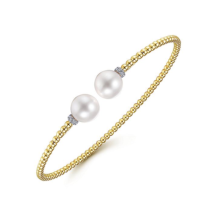 Gabriel & Co. BG4247-62Y45PL 14K Yellow Gold Bujukan Bead Split Bracelet with Pearl and Diamond Caps