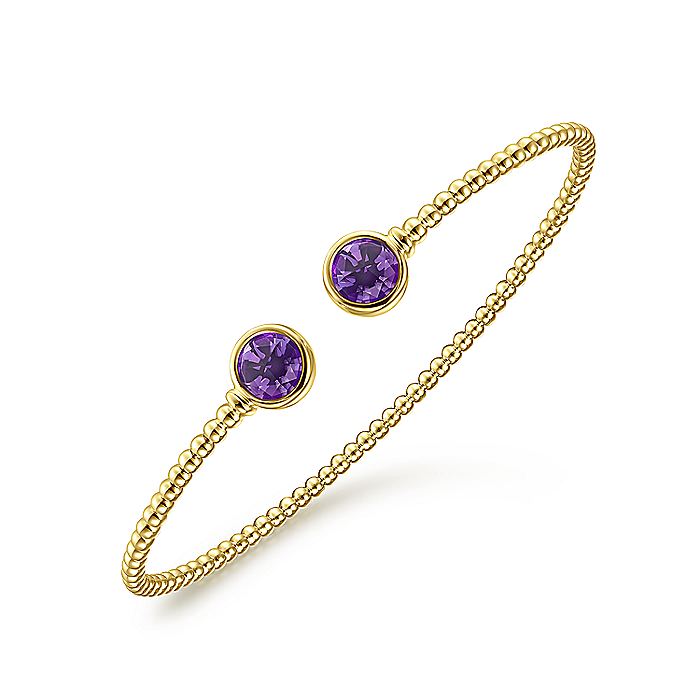 Gabriel & Co. BG4252-62Y4JAM 14K Yellow Gold Bujukan Bead Cuff Bracelet with Bezel Set Round Amethyst