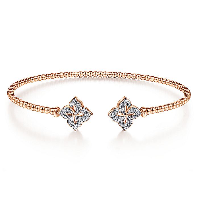 Gabriel & Co. BG4256-62K45JJ 14K Rose Gold Open Bangle with Diamond Flowers