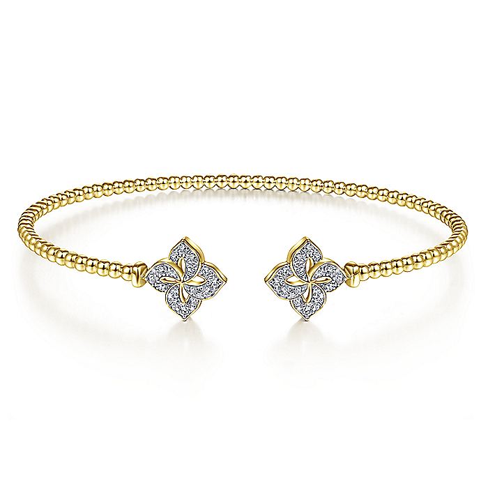 Gabriel & Co. BG4256-62Y45JJ 14K Yellow Gold Bujukan Split Cuff Bracelet with Diamond Flower Caps