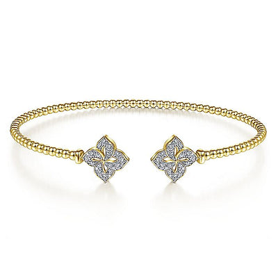 Gabriel & Co. BG4256-62Y45JJ 14K Yellow Gold Bujukan Split Cuff Bracelet with Diamond Flower Caps