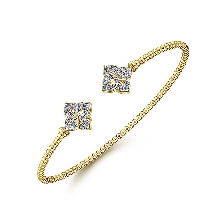 Gabriel & Co. BG4256-62Y45JJ 14K Yellow Gold Bujukan Split Cuff Bracelet with Diamond Flower Caps