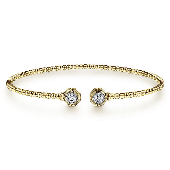 14K Yellow Gold Bujukan Split Cuff Bracelet with Diamond Flower Caps