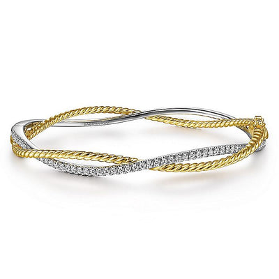 Gabriel & Co. BG4307-62M45JJ 14K Yellow-White Twisted Rope and Diamond Bangle Bracelet