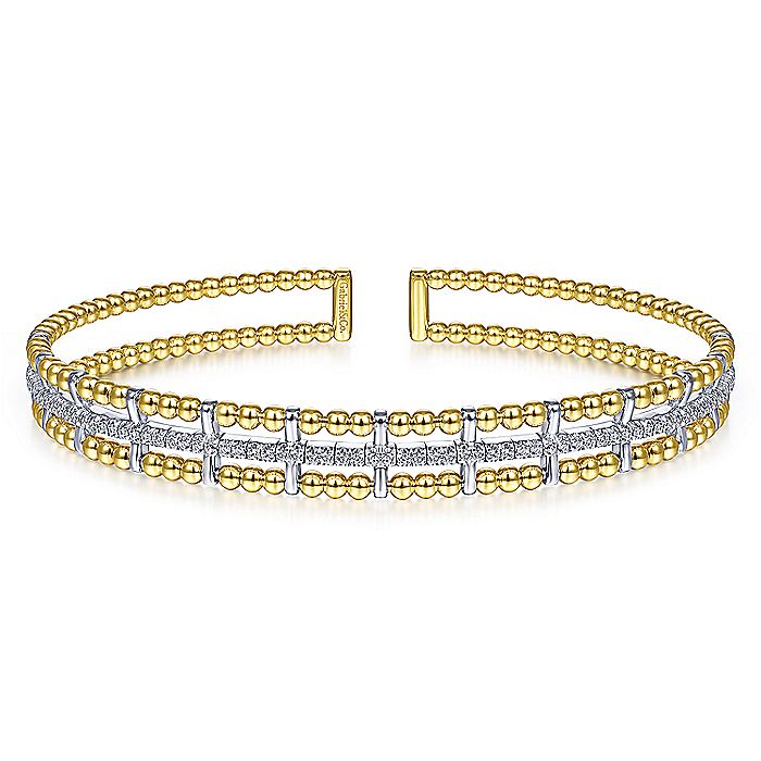 Gabriel & Co. BG4323-62M45JJ 14K Yellow and White Gold Bujukan Cuff Bracelet with Inner Diamond Channel in size 6.25