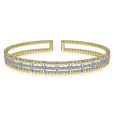 Gabriel & Co. BG4323-62M45JJ 14K Yellow and White Gold Bujukan Cuff Bracelet with Inner Diamond Channel in size 6.25