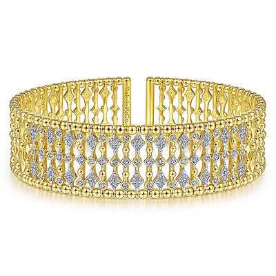 Gabriel & Co. BG4334-62Y45JJ Wide 14K Yellow Gold Cage Cuff Bracelet with Diamond Stations