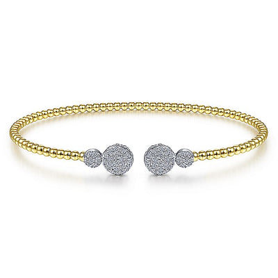 Gabriel & Co. BG4342-62M45JJ 14K White&Yellow Gold Bujukan Bead Split Cuff with Round Diamond Pavé Caps