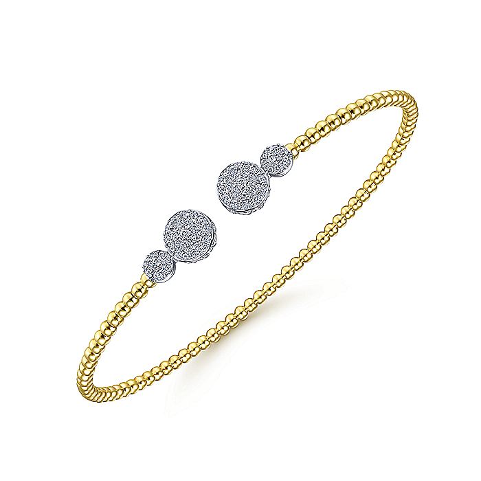 Gabriel & Co. BG4342-62M45JJ 14K White&Yellow Gold Bujukan Bead Split Cuff with Round Diamond Pavé Caps