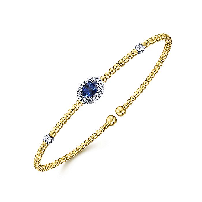 Gabriel & Co. BG4435-62M45SA 14K White-Yellow Gold Bujukan Bead Cuff Bracelet with Sapphire and Diamond Halo Station