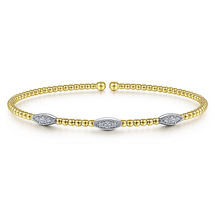 Gabriel & Co. BG4437-62M45JJ 14K White-Yellow Gold Bujukan Bead Cuff Bracelet with Diamond Filled Marquise Stations