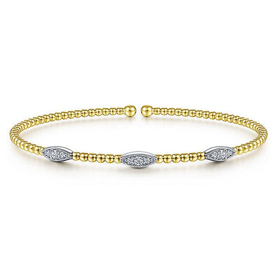 Gabriel & Co. BG4437-62M45JJ 14K White-Yellow Gold Bujukan Bead Cuff Bracelet with Diamond Filled Marquise Stations