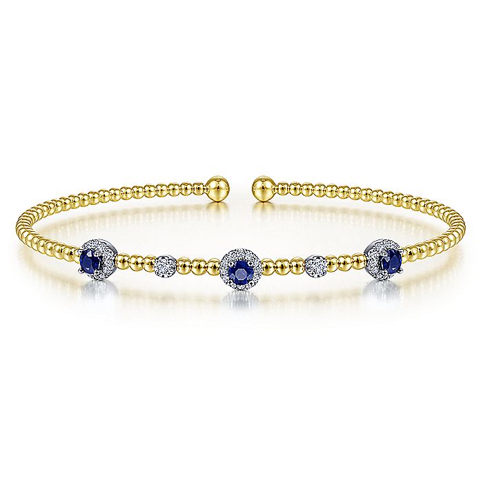 Gabriel & Co. BG4438-62M45SA 14K White-Yellow Gold Bujukan Bead Cuff Bracelet with Sapphire and Diamond Halo Stations