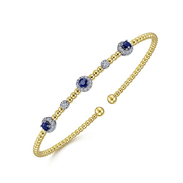 Gabriel & Co. BG4438-62M45SA 14K White-Yellow Gold Bujukan Bead Cuff Bracelet with Sapphire and Diamond Halo Stations