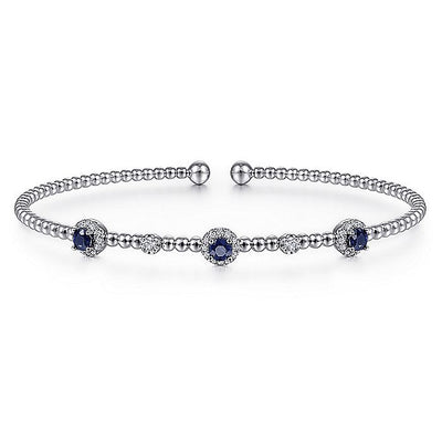 Gabriel & Co. BG4438-62W45SA 14K White Gold Bujukan Bead Cuff Bracelet with Sapphire and Diamond Halo Stations