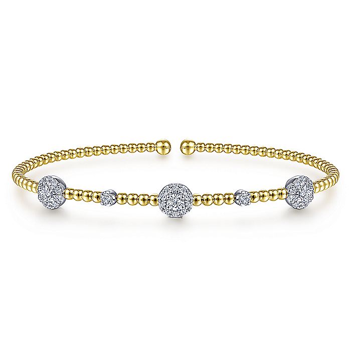 Gabriel & Co. BG4440-62M45JJ 14K White-Yellow Gold Bujukan Bead Cuff Bracelet with Diamond Cluster Stations