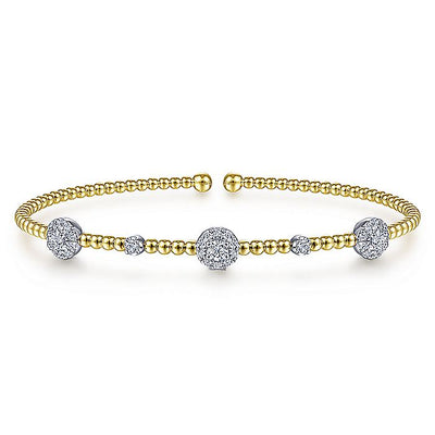 Gabriel & Co. BG4440-62M45JJ 14K White-Yellow Gold Bujukan Bead Cuff Bracelet with Diamond Cluster Stations