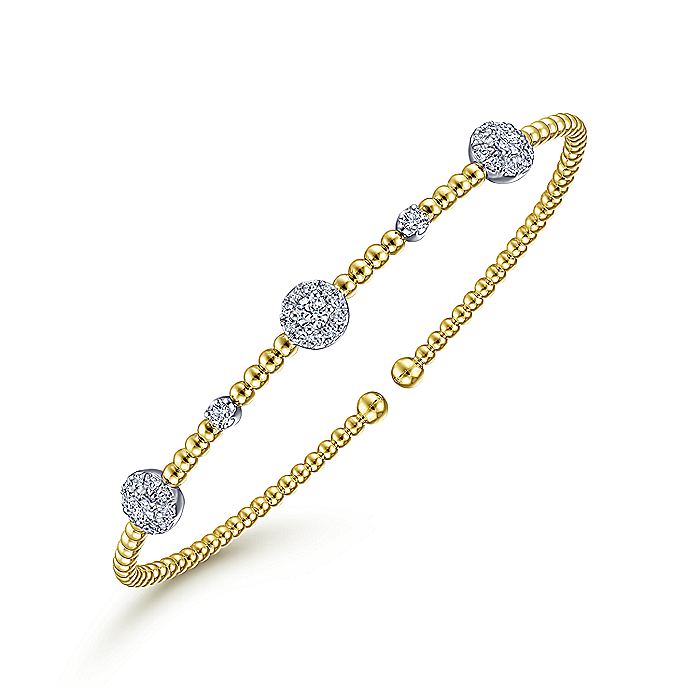 Gabriel & Co. BG4440-62M45JJ 14K White-Yellow Gold Bujukan Bead Cuff Bracelet with Diamond Cluster Stations