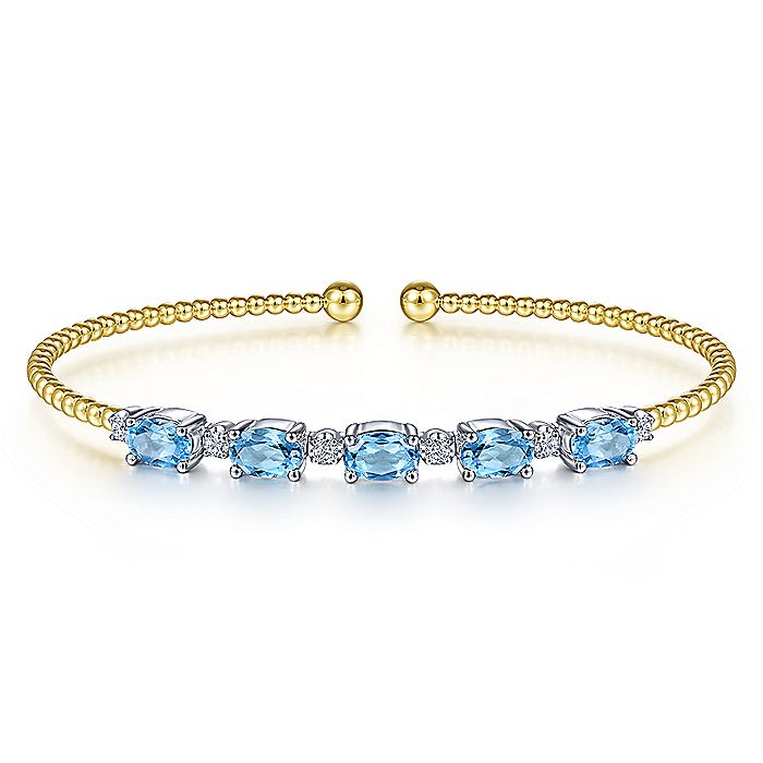 Gabriel & Co. BG4448-62M45BT 14K White-Yellow Gold Bujukan Bead Cuff Bracelet with Blue Topaz and Diamond Stations