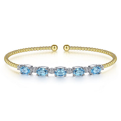 Gabriel & Co. BG4448-62M45BT 14K White-Yellow Gold Bujukan Bead Cuff Bracelet with Blue Topaz and Diamond Stations