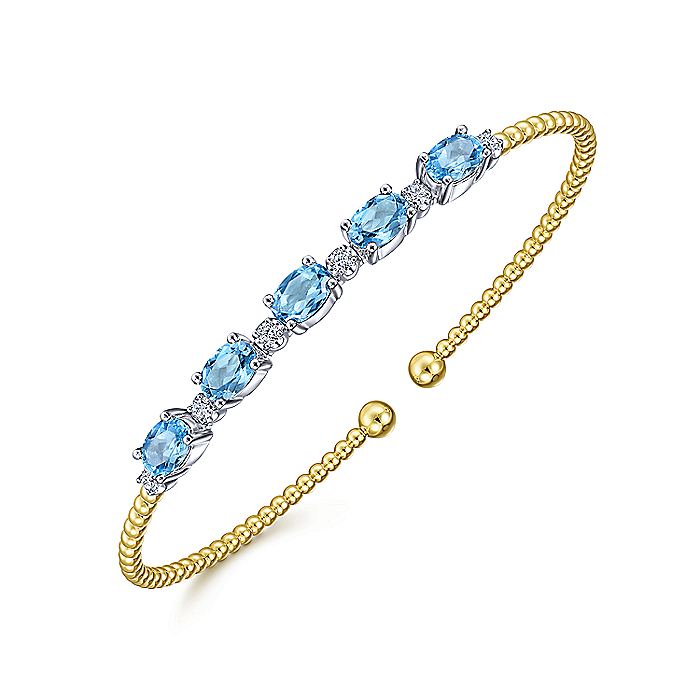 Gabriel & Co. BG4448-62M45BT 14K White-Yellow Gold Bujukan Bead Cuff Bracelet with Blue Topaz and Diamond Stations