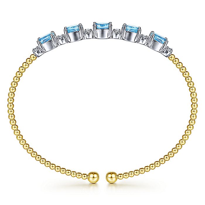 Gabriel & Co. BG4448-62M45BT 14K White-Yellow Gold Bujukan Bead Cuff Bracelet with Blue Topaz and Diamond Stations