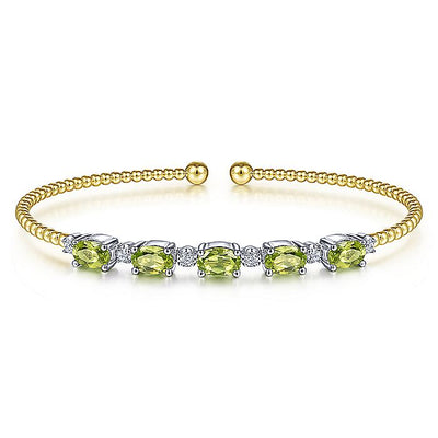 Gabriel & Co. BG4448-62M45PE 14K White-Yellow Gold Bujukan Bead Cuff Bracelet with Peridot and Diamond Stations