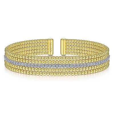 Gabriel & Co. BG4449-62M45JJ Wide 14K White-Yellow Gold Bujukan Bead Cuff Bracelet with Inner Diamond Channel