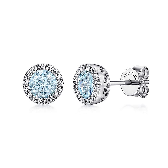 Gabriel & Co. EG11000W45AQ 14K White Gold AQ - Aquamarine Halo Stud Earrings