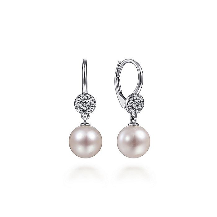 Gabriel & Co. EG13933W45PL 14K White Gold Cluster Diamond Disc and Pearl Drop Earrings