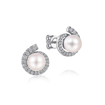 Gabriel & Co. EG14042W45PL 14K White Gold Pearl Stud Earrings with Diamond Halo