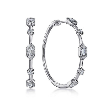 Gabriel & Co. EG14276W44JJ 14K White Gold 40mm Diamond Baguette and Round Station Classic Hoop Earrings