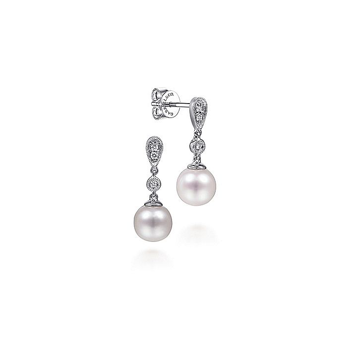 Gabriel & Co. EG9902W45PL 14K White Gold Vintage Inspired Style Diamond Pearl Drop Earrings