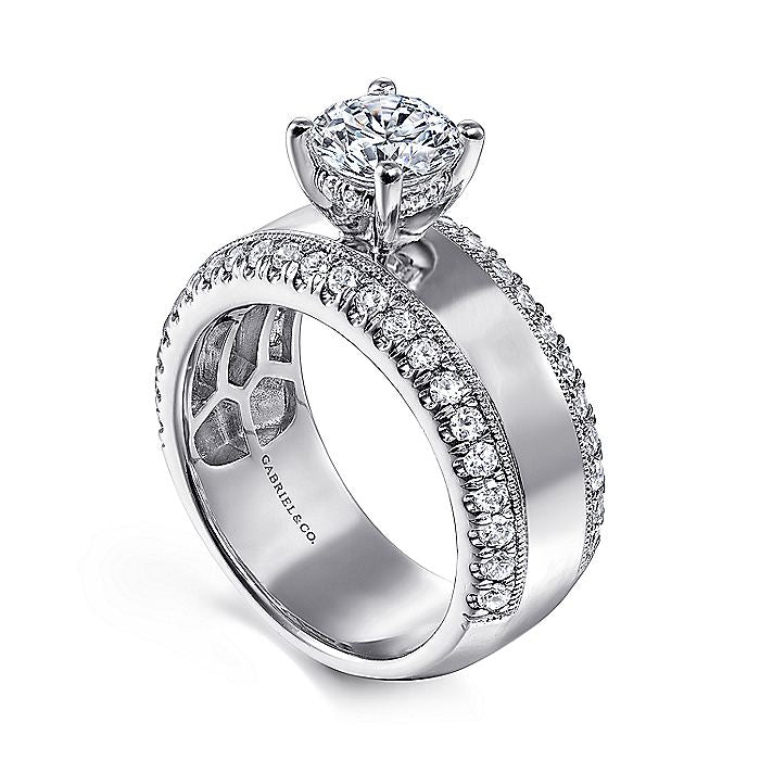 Gabriel & Co. ER14611R4W44JJ 14K White Gold Round Diamond Wide Band Engagement Ring